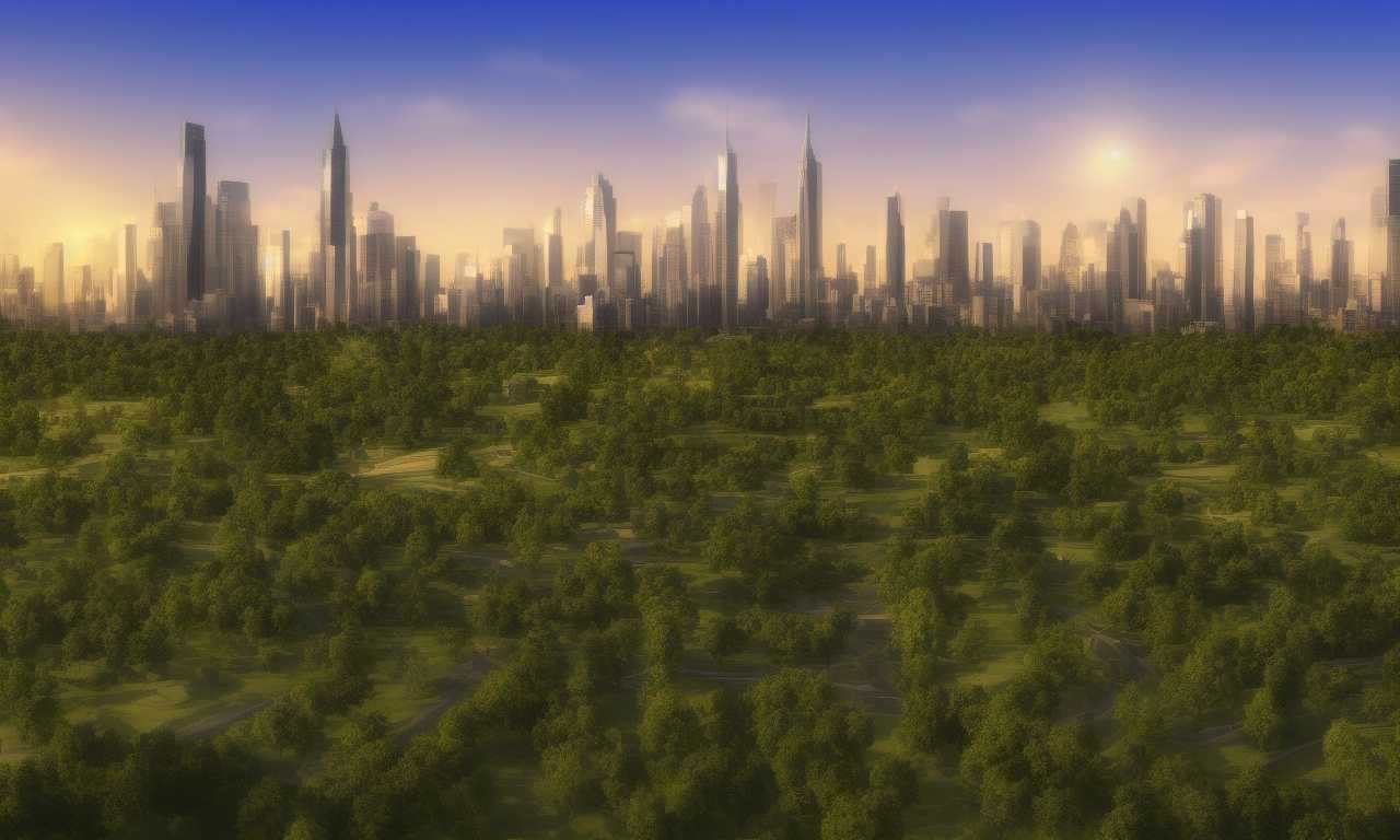Utopia skyline, varied building heights, green parks, sunset, photorealistic