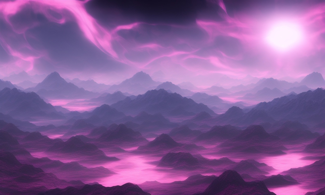 alien world with cloudy pink sky and black ground, mountains